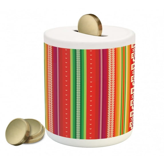 Colorful Piggy Bank, South American Star Animal Motifs Vermilion and Lime Green Vertical Stripes, Ceramic Coin Bank Money Box for Cash Saving, 3.6" X 3.2", Multicolor, by Ambesonne