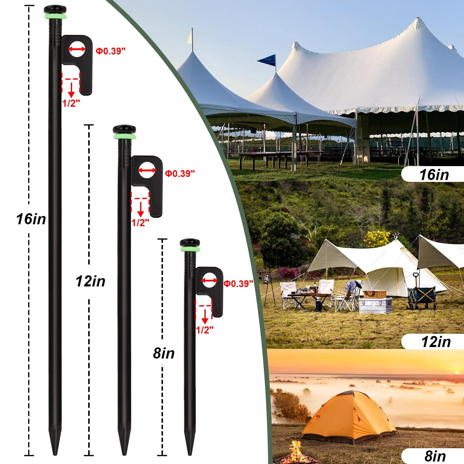 16pcs Tent Stakes  12in Heavy Duty With Storage Pouch Dia. 0.35" Forged Steel For On Rocks Grassland Snowfield(16pcs Stakes)