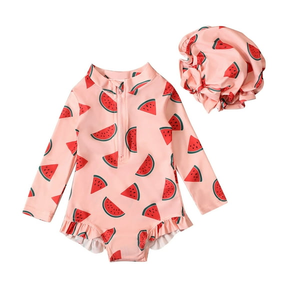 Zwiiyzr 2025 6M-5T Toddler Girls Rash Guard One Piece Swimsuits Cute Print Long Sleeve Zipper Sunscreen Seaside Surfing Swimsuit Hat Set Pink