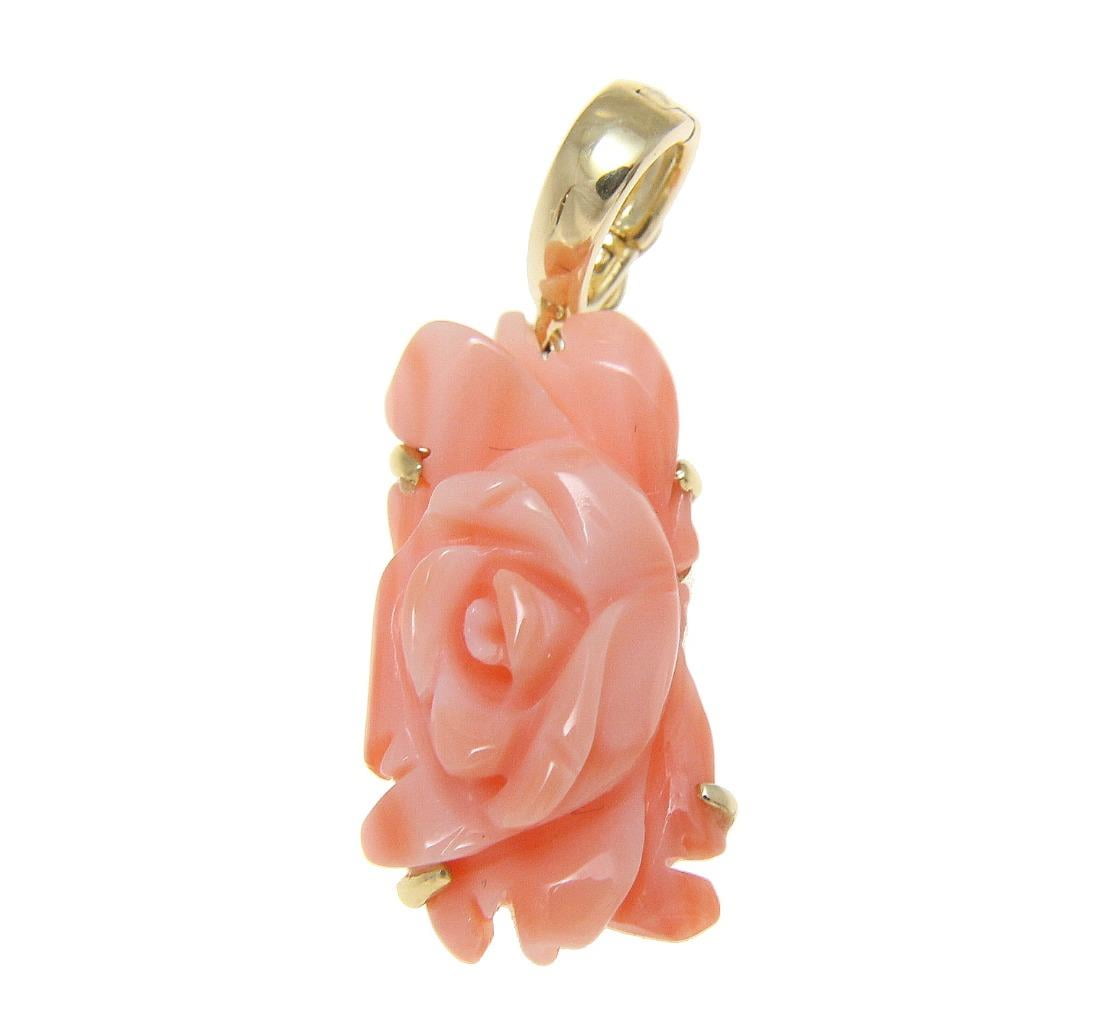 Genuine natural carved pink coral flower pendant enhancer 14k yellow gold 12.5mm by
