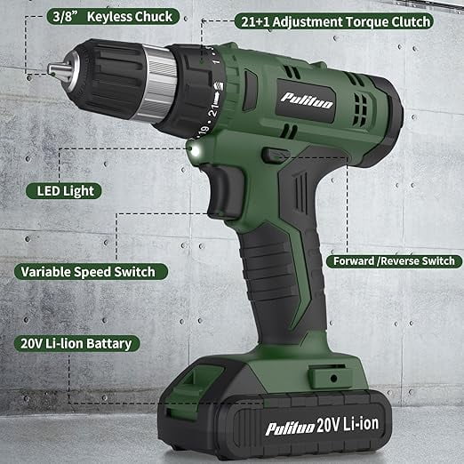 Cordless Drill Set, 20V Lithium-Ion Power Drill Kit with Battery and Charger, 3/8-Inch Keyless Chuck, 22 Torque Settings, Variable Speed, Includes 60 Drill Bits and Sockets for Home DIY Projects