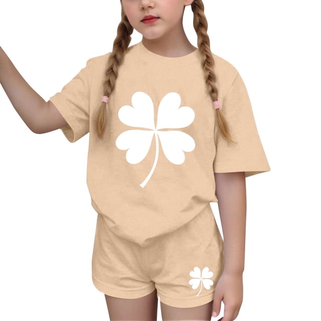 Vestido de manga corta para niños Día de San Patricio impreso conjunto de dos piezas niñas casual cuello redondo blusa y pantalones cortos