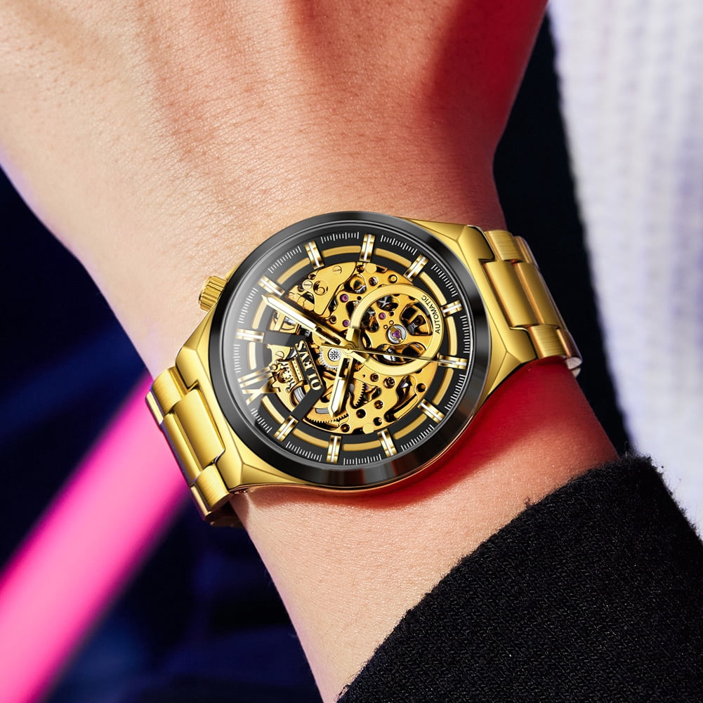 OLEVS Skeleton Watches for Men Luxury Dress Automatic Self Winding Mechanical Gold Plated Stainless Steel Waterproof Luminous Business Men Wrist Watch Reloj Para Hombre