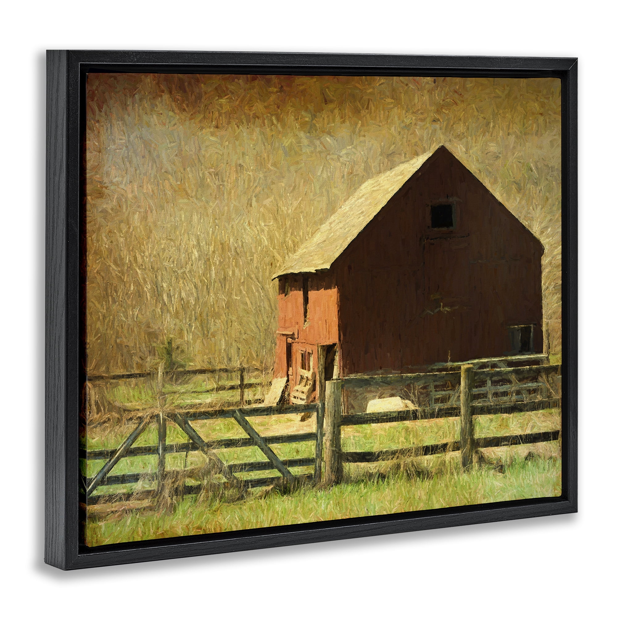 Stupell Industries Red Barn Distressed Pattern Landscape & Nature Painting Black Floater Framed Canvas Art Print Wall Art, 21 x 17