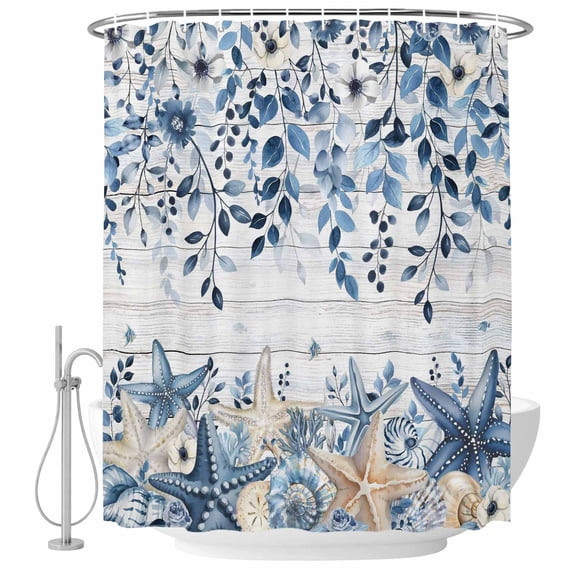 Ocean Bathroom Shower Curtains with Hooks, Blue Beige Starfish Shells Leaves Flowers Grey Wooden Waterproof Fabric Washable Shower Curtain for Home Hotel Bathtub Decor 60x72 Inch
