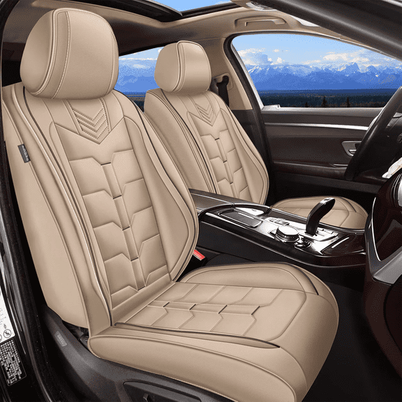 DIKSOAKR 2 Front Car Seat Covers Fit for Kia Forte 2010-2024 Faux Leather Seat Cushion with Lumbar Support Airbag Compatible Automotive Interior Accessories (BEIGE)