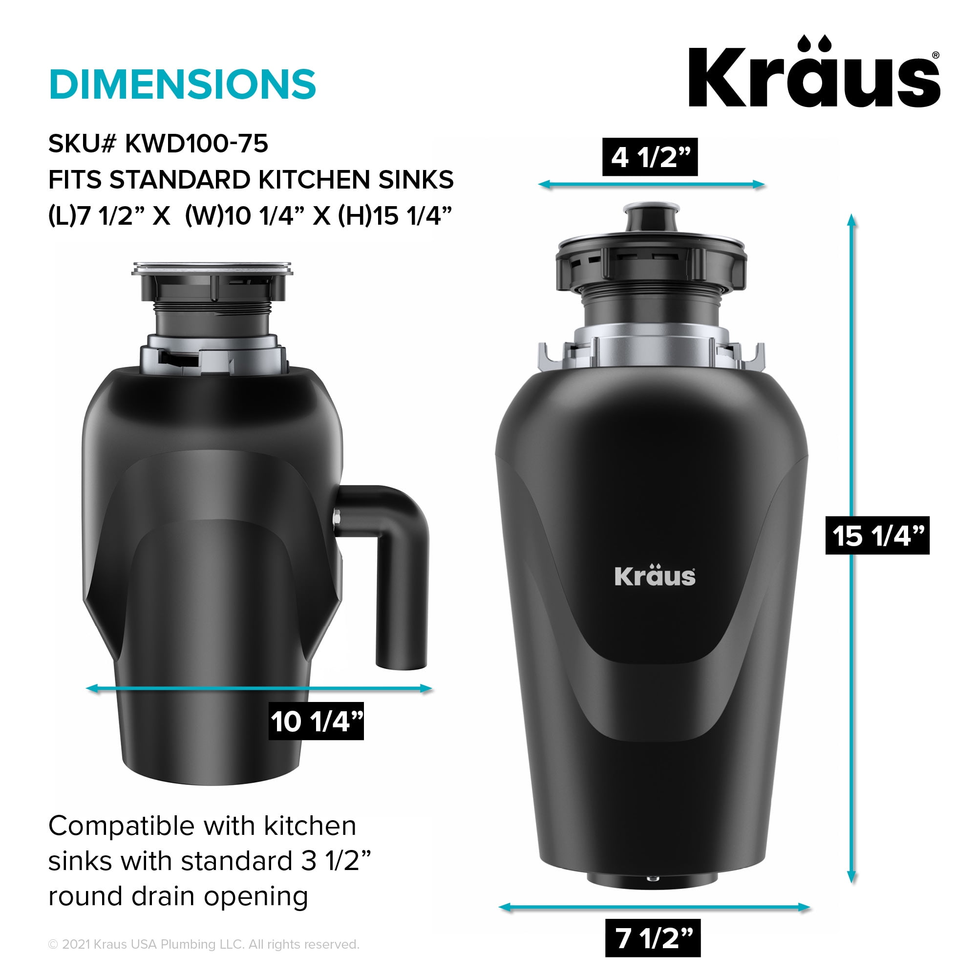 KRAUS WasteGuard Continuous Feed Garbage Disposal with 3/4 HP Ultra-Quiet Motor for Kitchen Sinks with Power Cord and Flange Included
