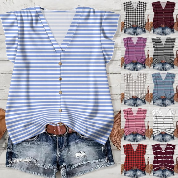 WULMLEO Women's Striped V-Neck Button Down Blouse Casual Summer Tops Light Blue M