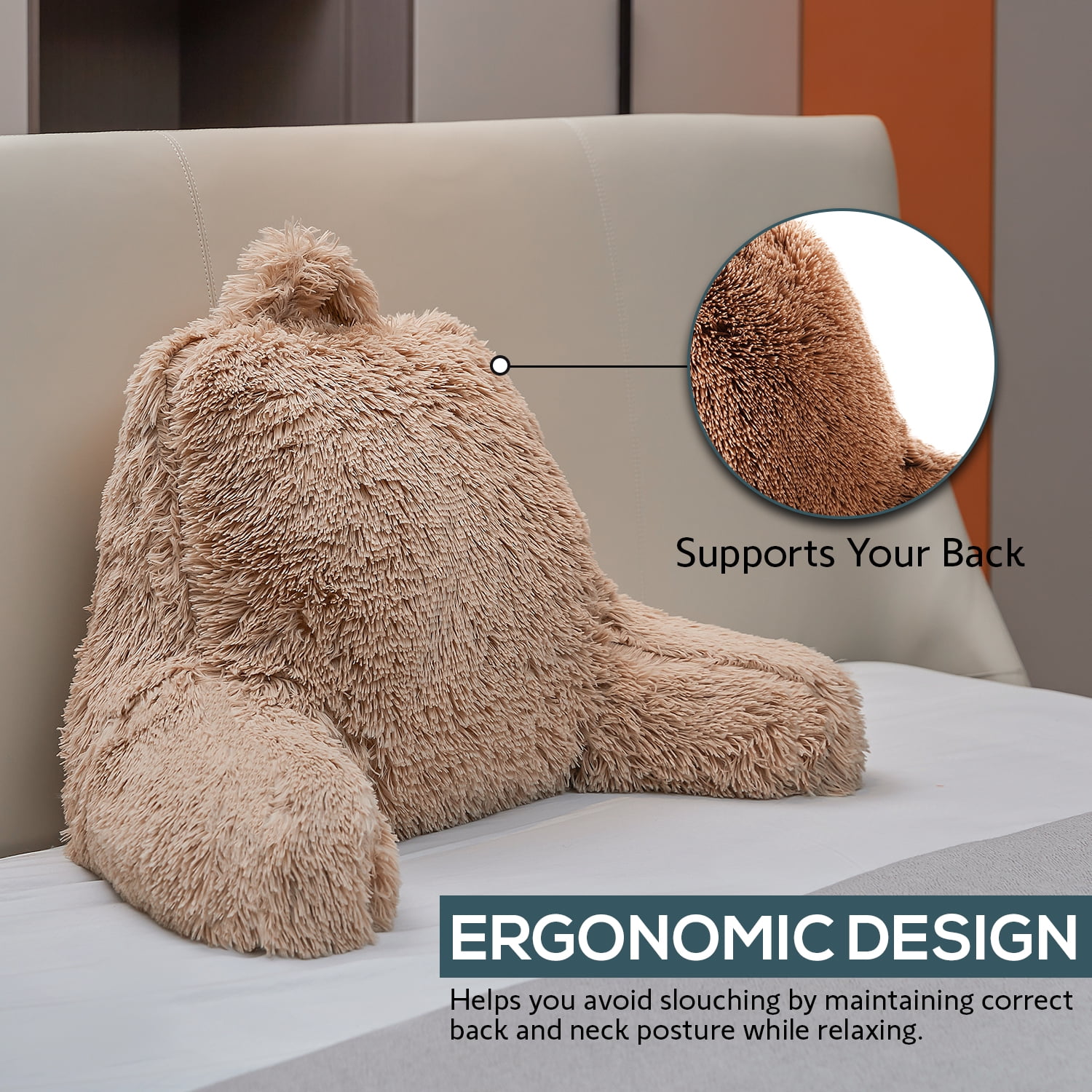 Cheer Collection Fluffy Reading Pillow - Long Shaggy Hair TV and Gaming Pillow with Armrest