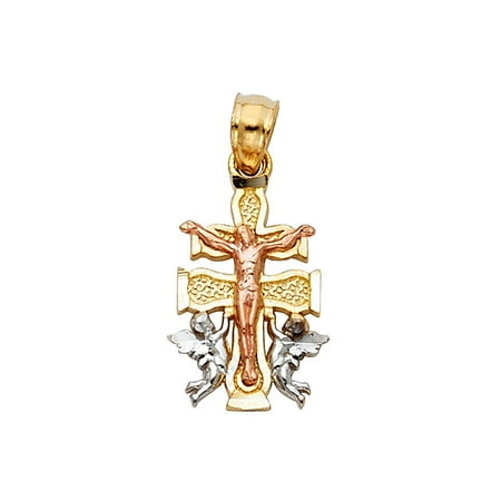 Rembrandt Cross Charm 14k Tri Tone Solid Italian Gold Caravaca Crucifix Cross with Angels Charm Religious Pendant 18mm x 10mm ()