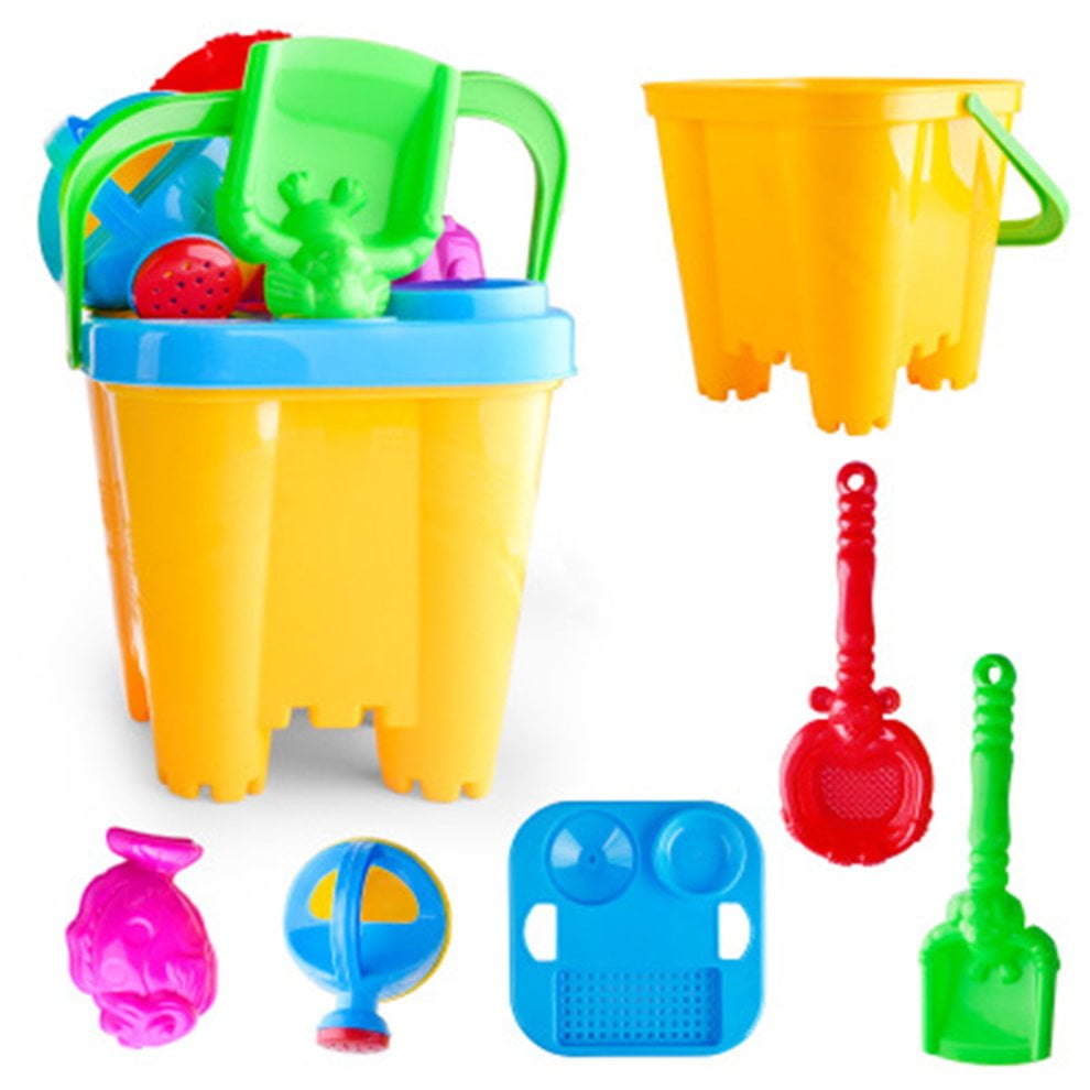 7pcs Novelty Mini Beach Toys Set Sand Pails Bucket with Shovel Rake