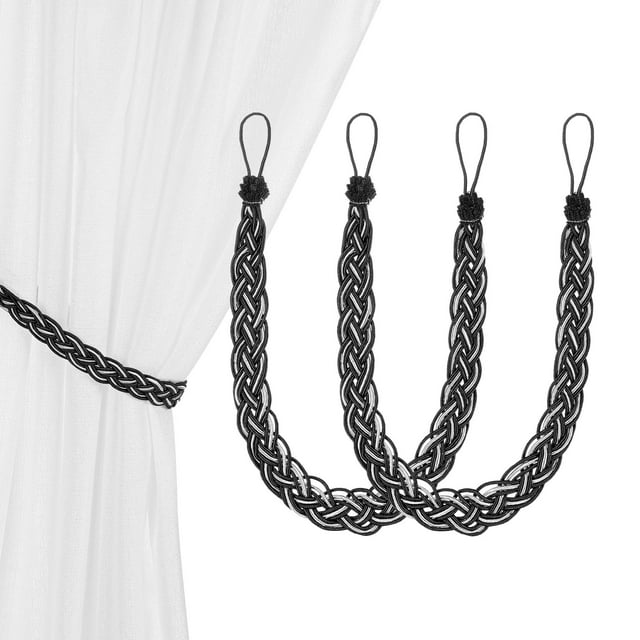 Uxcell 2 juegos de corbatas de cortina con sujetadores de cortina trenzados con ganchos de metal negro blanco