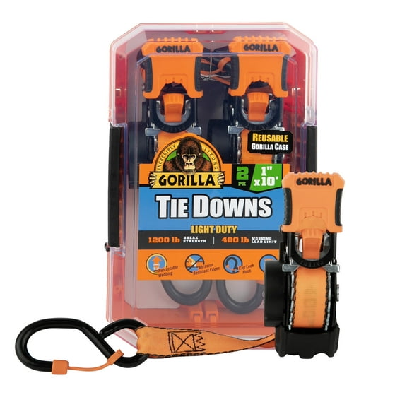 Gorilla 2 Pk 1" X 10' Retractable Ratchet Strap W/ Orange Gorilla Grip Handle W/ Cap Locks (Orange Webbing)