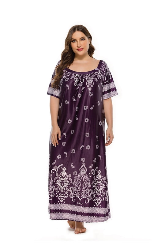 FEREMO Plus Size Women's Nightgown Floral Printed Maxi Short Sleeve