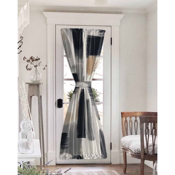 Black Geometric Blackout Curtains French Door Curtains for Door Window, Grey Modern Vintage Artwork Privacy Drapery for Patio/Sidelight Doors, 1 Panel with Tieback, 25 x 72 Inches
