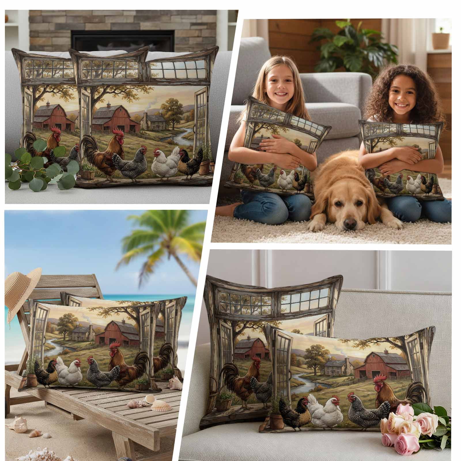 Farm Animals Pillow Covers 2 Pack Pastoral Landscape Farmhouse Rooster Hen Chicken Barn Pillowcase Waterproof Outdoor Throw Pillow Cover for Patio Garden Square Cushion 16”x16”