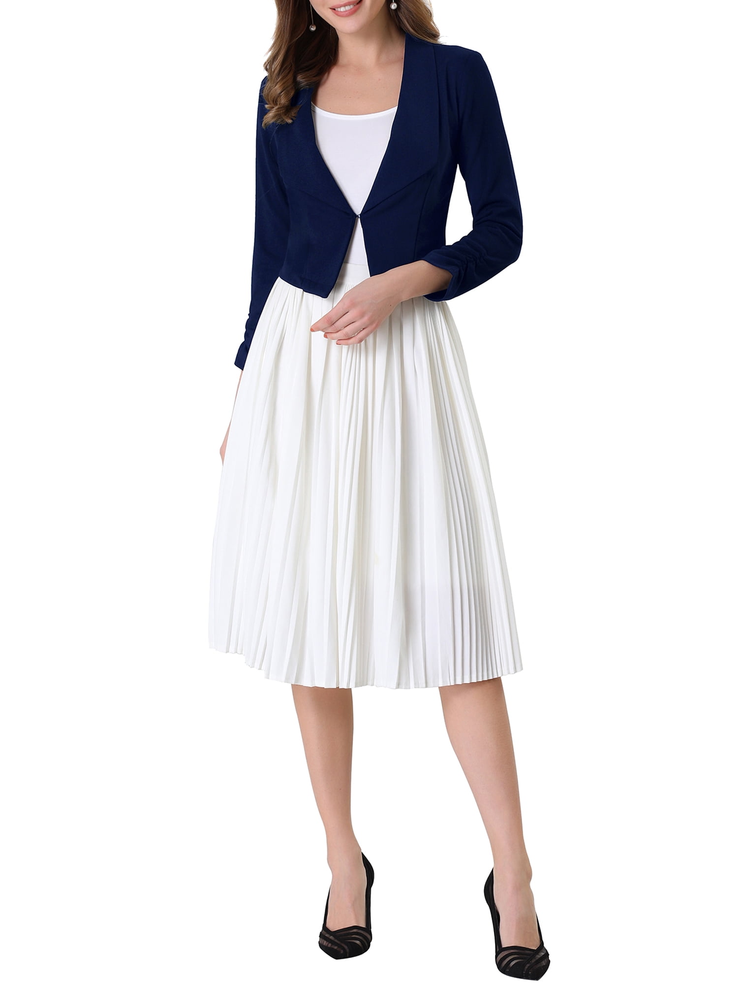 DARING DIVA Women's Notched Lapel Ruched Sleeve Crop Blazer M Dark Blue