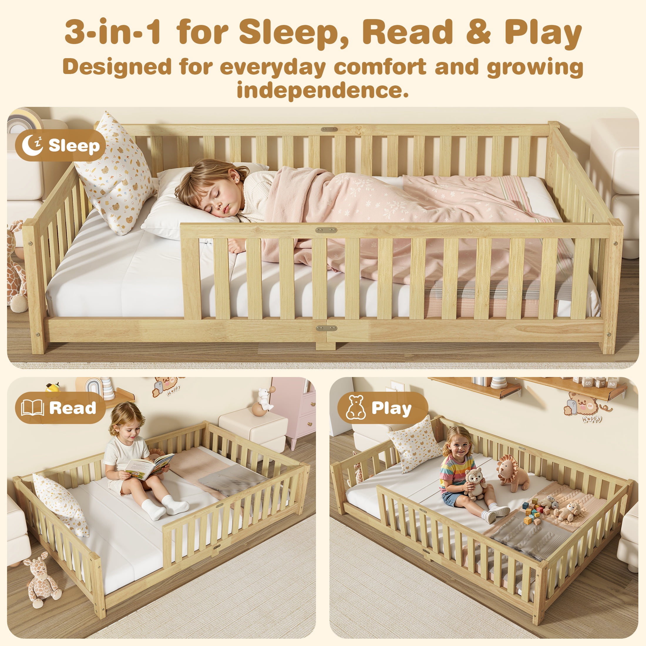 Sesslife Twin Montessori Floor Bed, Wood Twin Size Floor Bed Frame with Safety Guardrails and Slats, Low Profile Toddler Bed for Kids Boys and Girls, No Box Spring Needed, Natural