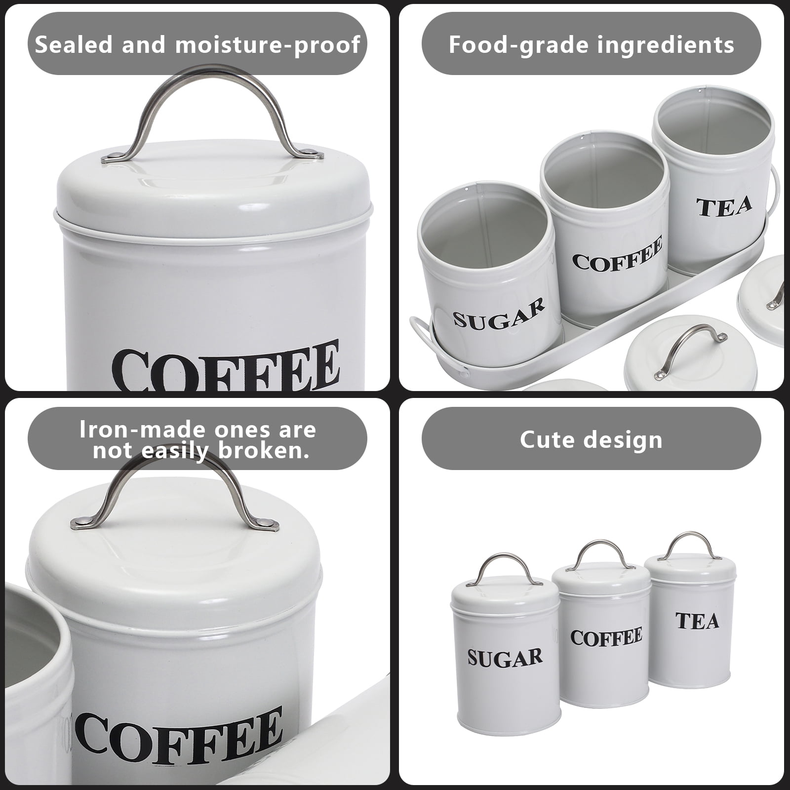 Pethiy Tea Coffee Sugar Canister Set,Airtight Food Storage Canister,Vintage, Farmhouse Metal Containers with Lids, Coffee, Tea, Sugar Set Canister With Tray for Food Storage,3 Pack,White