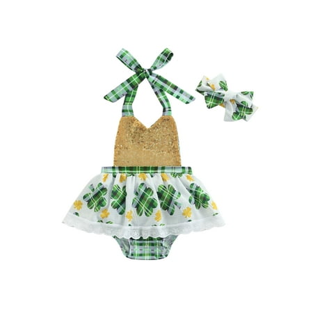 

Baby Girls St Patrick s Day Outfit Sequined Clover Print Halter Neck Romper Headband
