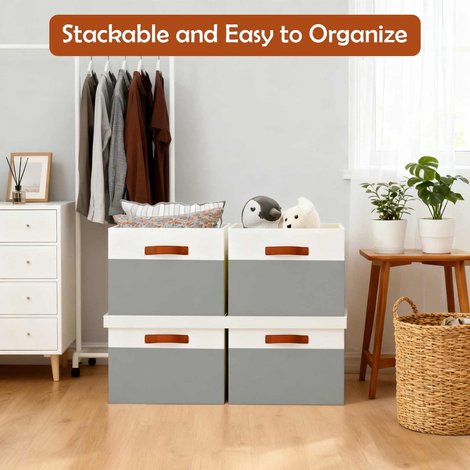 Storage Bins with Lids, 2 Pack Extra Large Blanket Storage Baskets with Lids, Closet Organizers Bins for Living Room, Nursery, Gray and White