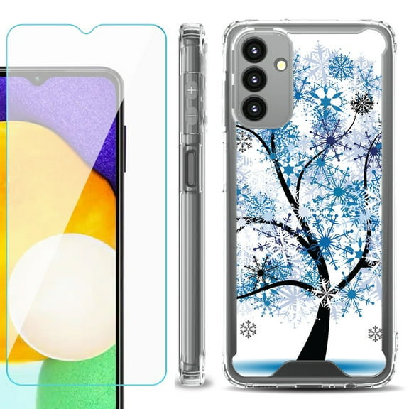 Shockproof Bumper Phone Case for Samsung Galaxy A13 5G, with Tempered Glass Screen Protector, by OneToughShield ® - Snowflakes Tree