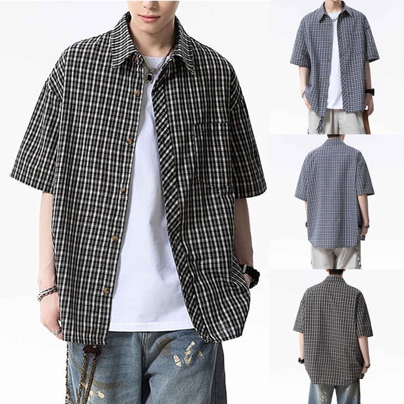 SGFCWSX Men's Oversized Checkered Short Sleeve Button Up Shirt Casual Plaid Loose Fit Shirt with Chest Pocket for Daily Streetwear Black Size XL