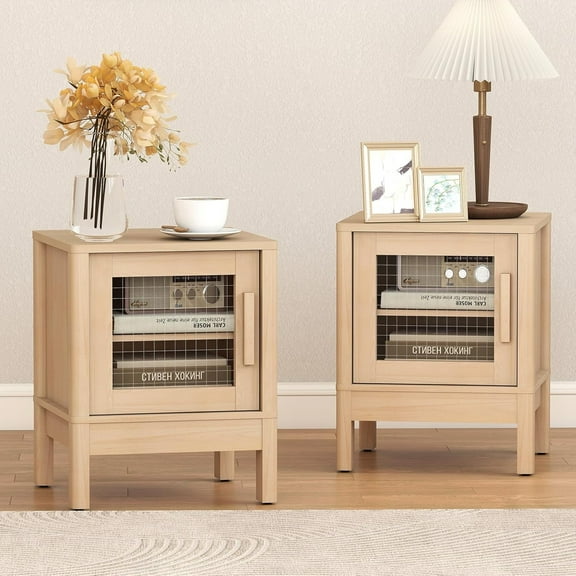 Ebello Modern End Table Set of 2, Acrylic Door Nightstands with Storage Shelves, Square Side Tables for Bedroom & Living Room, Oak