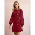 thumbnail image 6 of Women'S Elegant Mesh Mini Dress Crew Neck Long Sleeve Button Down Casual Business Short Party Dress Wine Red S, 6 of 8