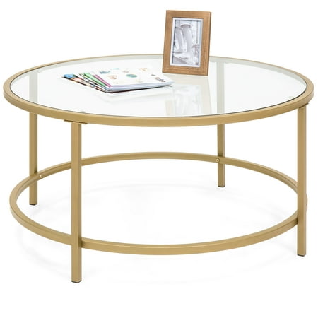 Best Choice Products Round 36in Tempered Glass Coffee Table w/ Satin Gold Trim for Home, Living Room, Dining (Best Coffee Gold Coast 2019)
