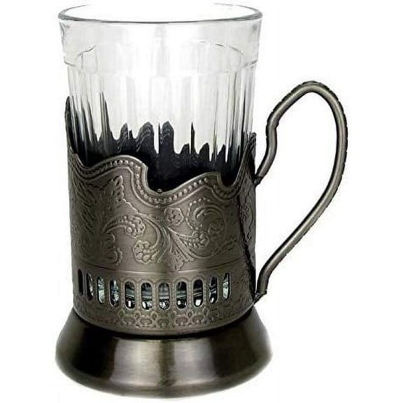 7 Oz Crystal Granyoniy Tea Glass with Podstakannik, Hot/Cold Beverage Glass with Metal Holder (1)