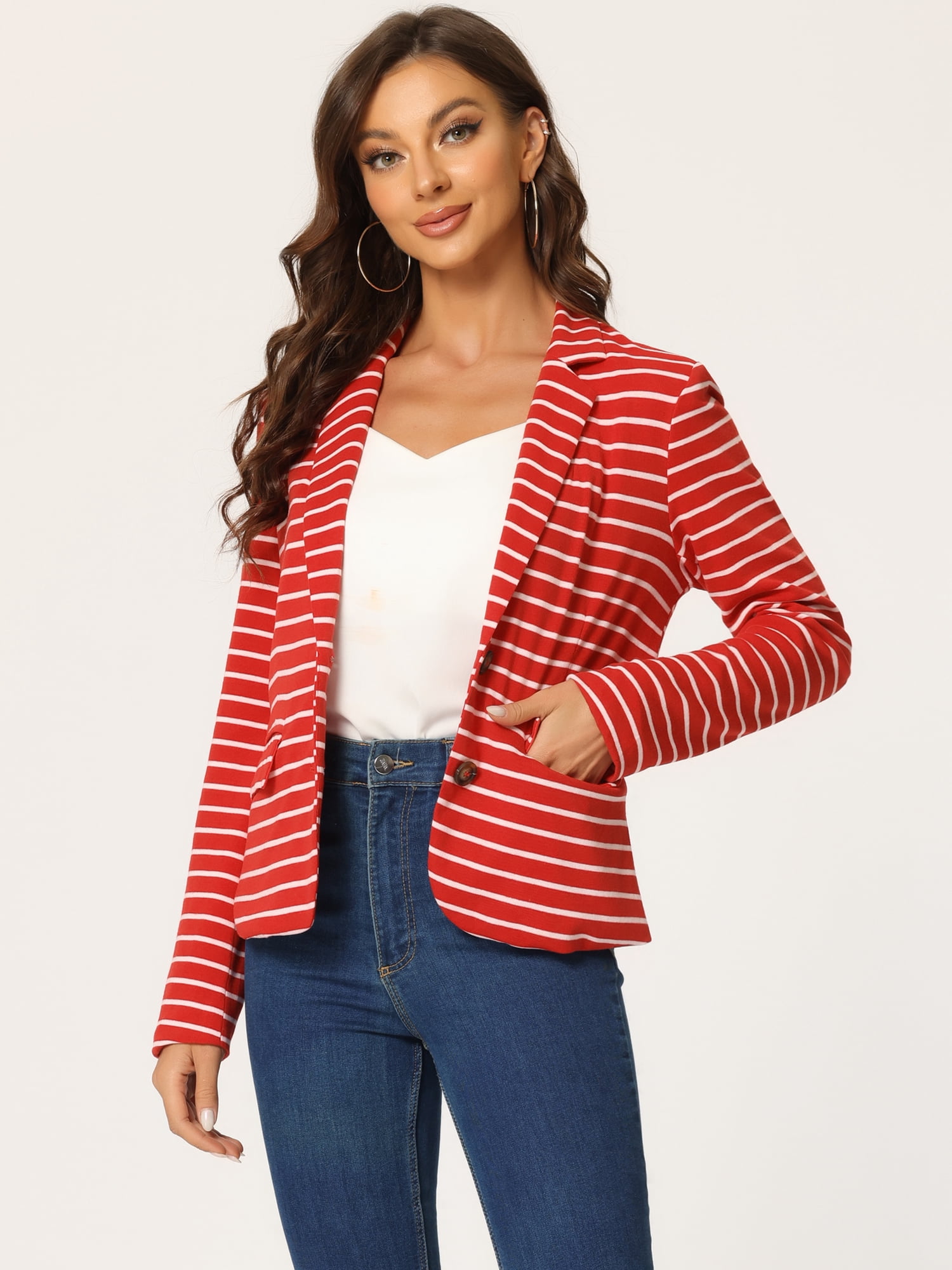 DARING DIVA Women's Striped Notched Lapel Button Closure Blazer M Red
