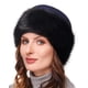thumbnail image 1 of Gorro de invierno con ribete de piel sintética para mujer: elegante gorro ruso con forro polar (parte superior azul y pelo negro), 1 of 1