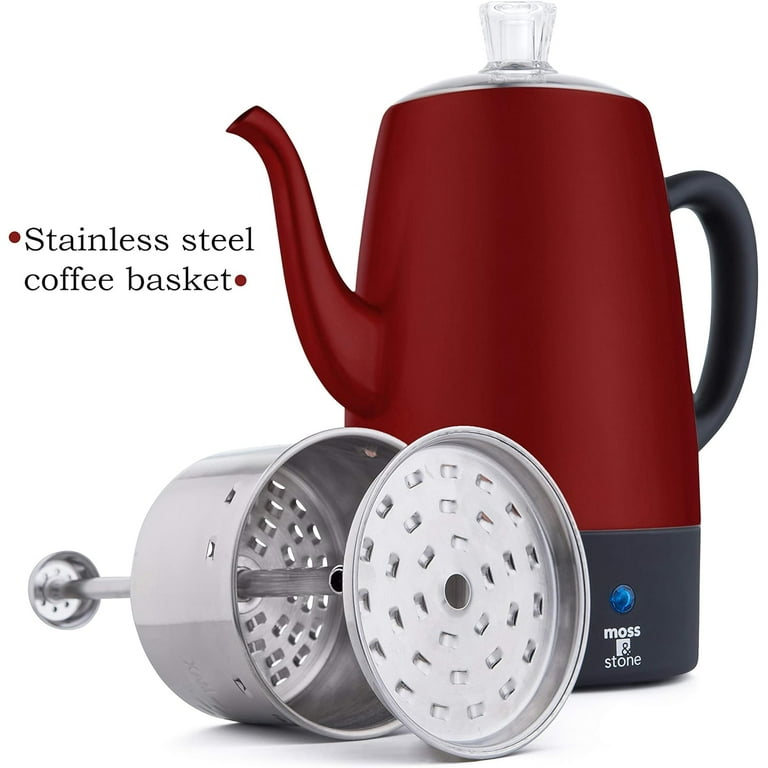 Moss & Stone Electric Coffee Percolator| Red Body with Stainless Steel Lid  Coffee Maker | Percolator Electric Pot - 10 Cups (Red)