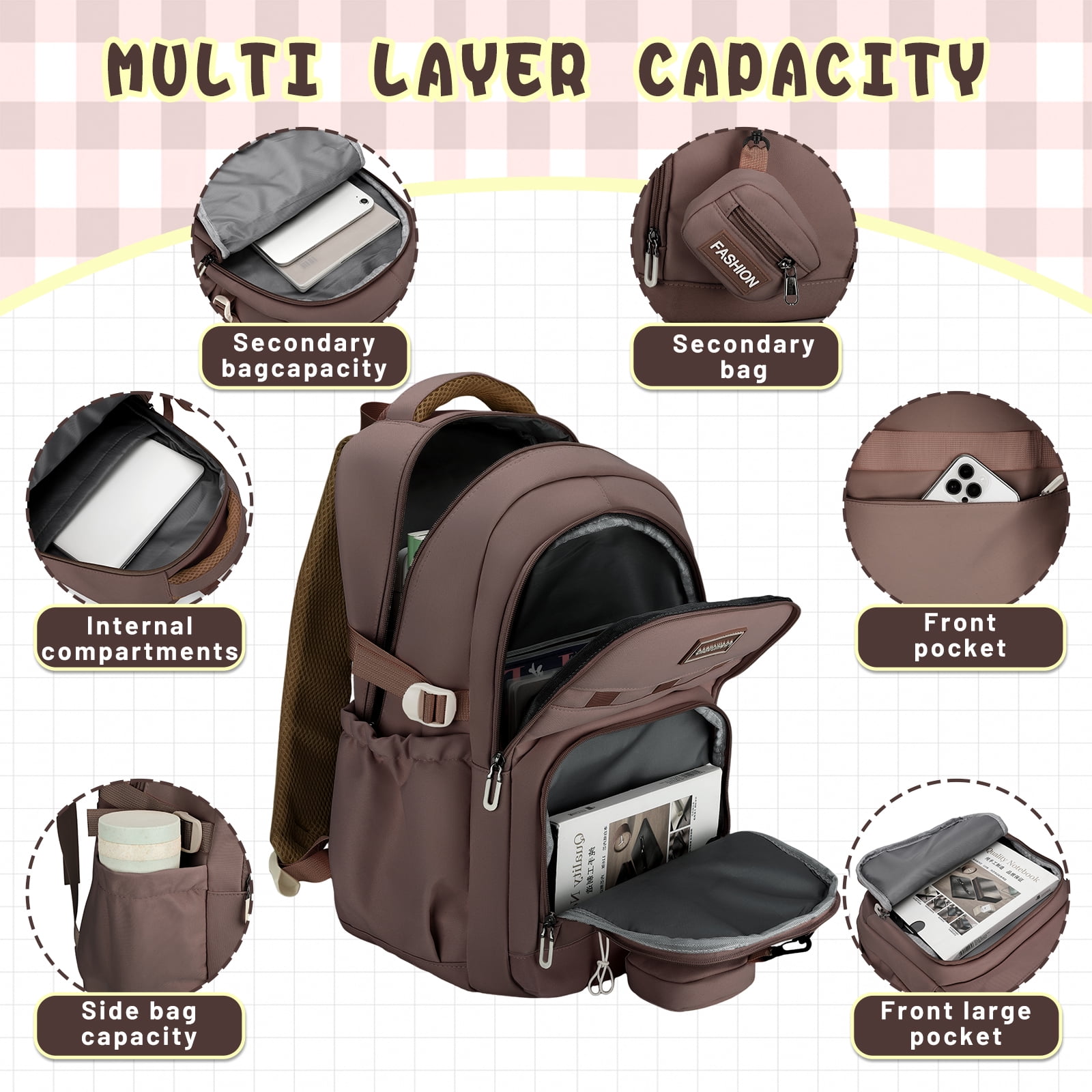 DAKIMOE School Backpack for College High Middle School Fashion Student Bag Cute Aesthetic Teen Bookbag for Teens Women Kids Girls Brown