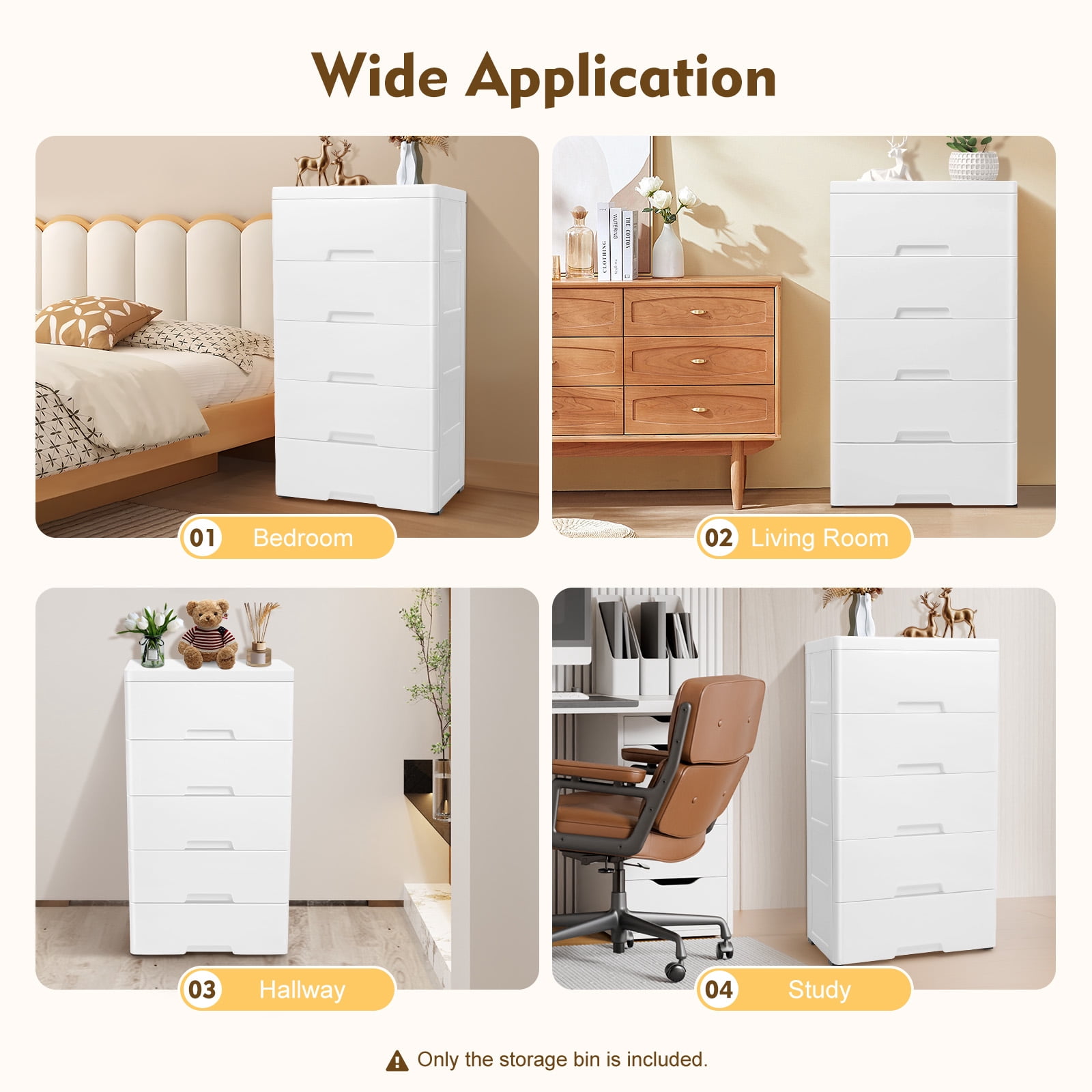 ChicHomey 5 Tier Plastic Drawers Dresser with 5 Drawers,Rolling Storage Cabinet 4 Casters,White Modern Home Organization for Bedroom/Living Room/Children's Room​