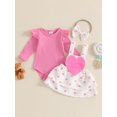 thumbnail image 2 of Suealasg 3Pcs Baby Girl Valentines Day Outfit Heart Ruffle Long Sleeve Ribbed Romper Bear Patch Overall Dress Bow Headband Set 3M 6M 12M 18M Infant Girls Spring Clothes, 2 of 7
