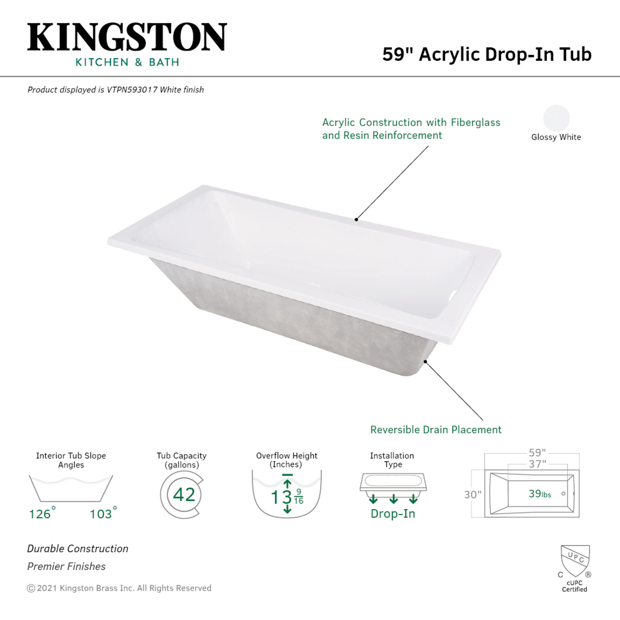 Aqua Eden VTPN593017 59-Inch Acrylic Rectangular Drop-In Tub with Reversible Drain in Glossy White
