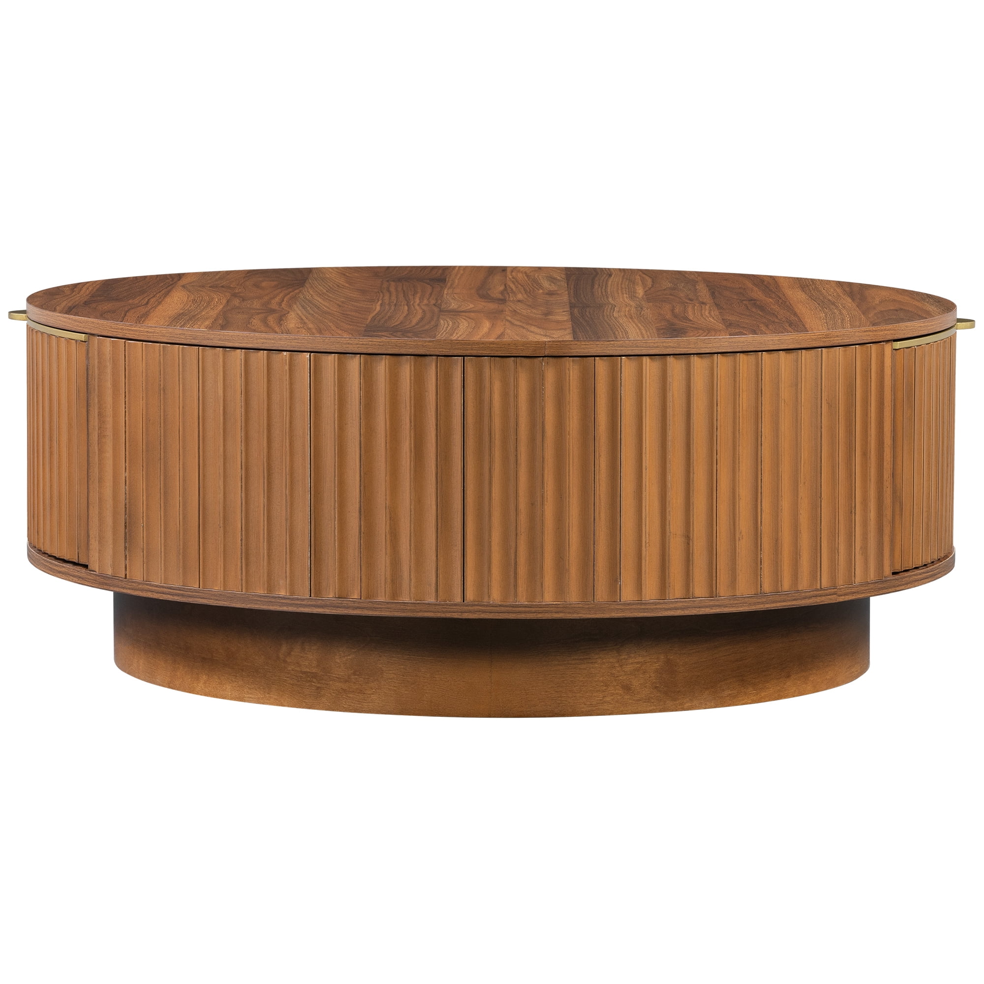 Leumius Round Coffee Table with Storage Drawer, Modern Fluted Coffee Table with Golden Handle, Wood Center Table for Living Room Brown