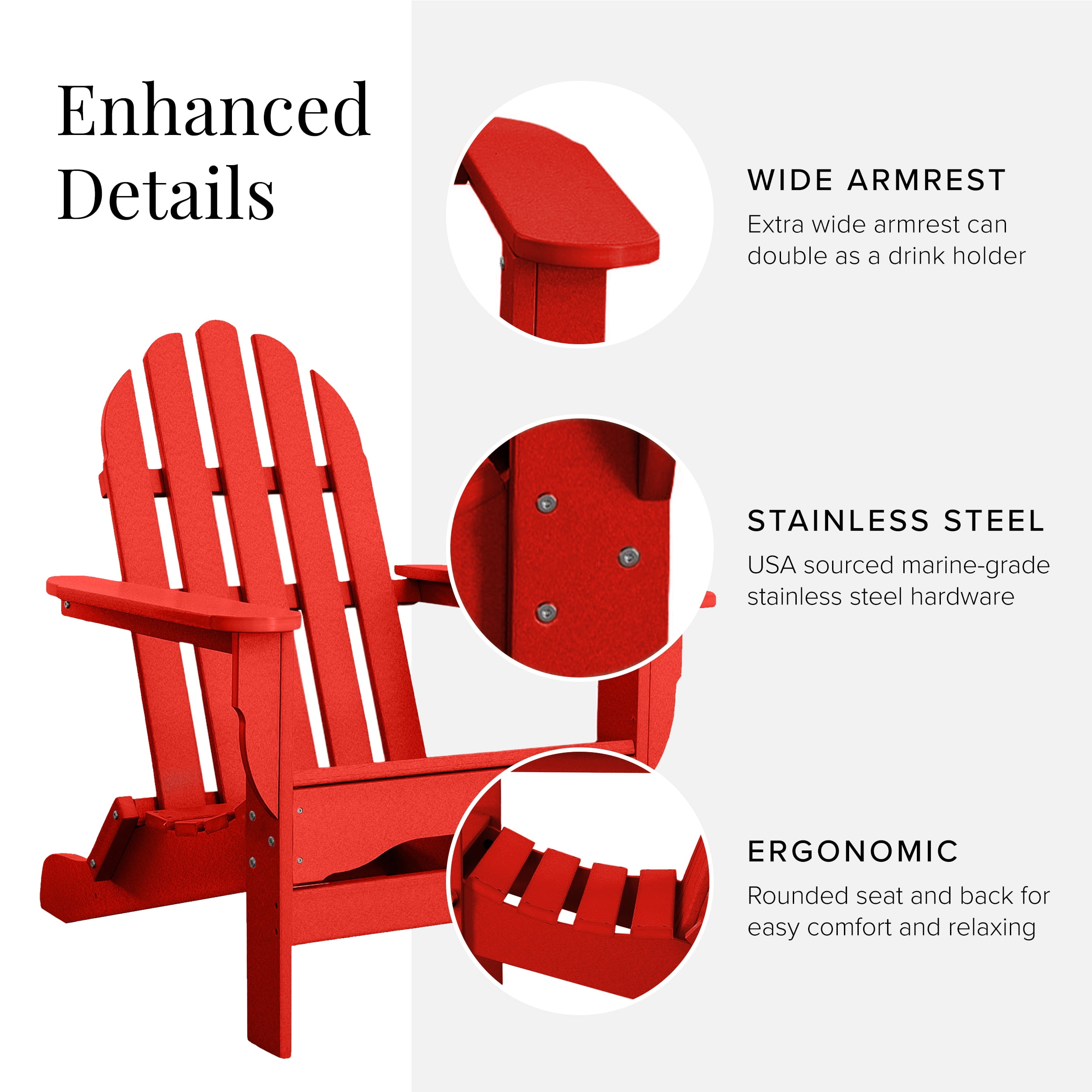 DuroGreen Adirondack Chair Made With All-Weather Tangent lumber, Oversized, High End Classic Patio Furniture for Porch, Lawn, Deck, or Fire Pit, No Maintenance, USA Made, Bright Red