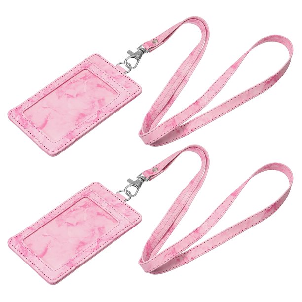 ID Soportes con Cordón, PU Cuero Vertical Tarjetas Ranuras Ventana para Oficina, Mármol Patrón Fucsia