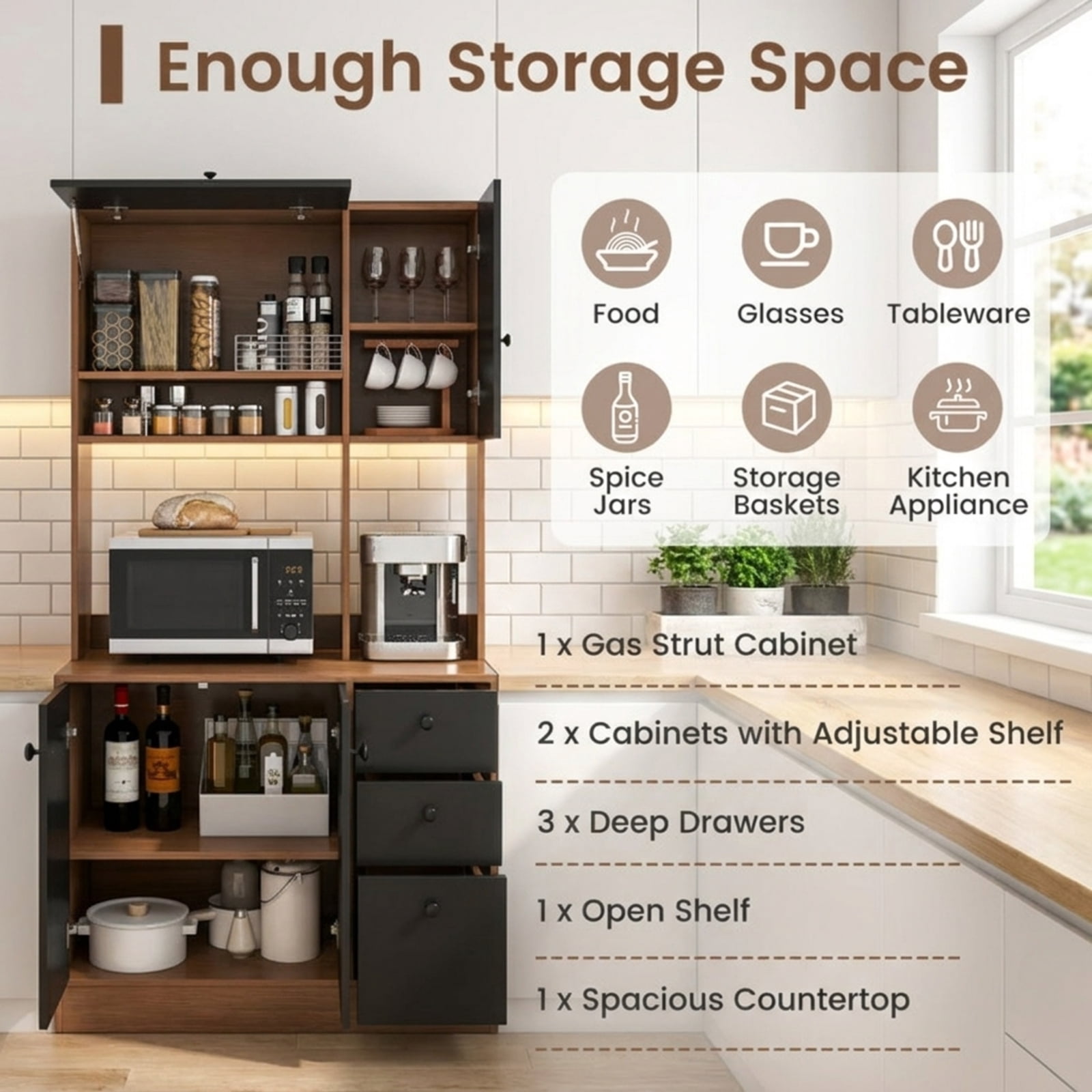Furnibear Kitchen Pantry Cabinet 71 Inch Tall Freestanding Pantry Storage Cabinet with 3 Storage Cabinets and 3 Deep Drawers for Kitchen and Dining Room, Walnut