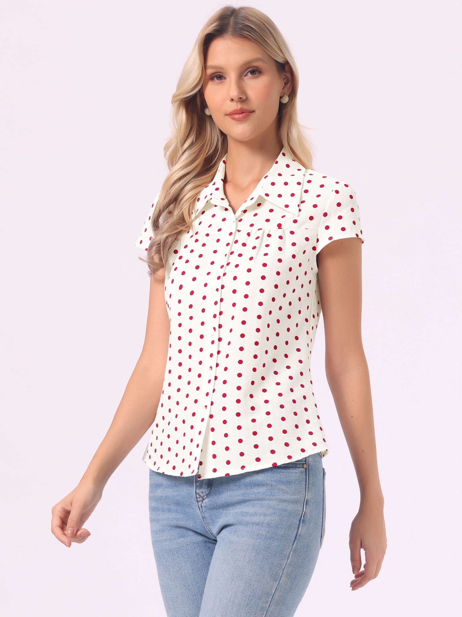 DARING DIVA Women's Polka Dots Shirt Retro Short Sleeve Button Up Top L White Red