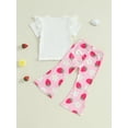 thumbnail image 6 of Baby Toddler Kids Girl Summer Outfits 6 12 18 24 Months 2T 3T 4T Strawberry Print Flying Sleeve T-Shirt and Elastic Flare Pants Cute 2 Piece Clothes Set, 6 of 9