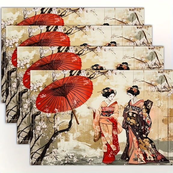 4pcs, Japanese Geisha Art placemats, fashion print pattern table mat, for dining table, kitchen, party, indoor, holiday, dinner parties and home decor (table mats) 12x18 Inch