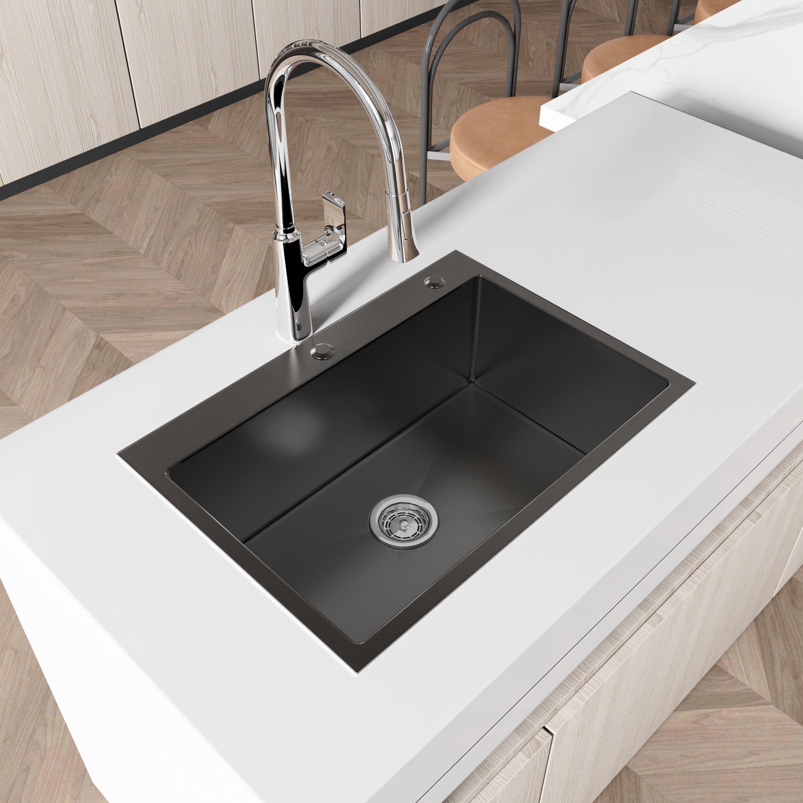 Izzovium 27"x19" Single Bowl Black Stainless Steel Kitchen Sink, Overmount Handmade Design with US Standard Drain and Hook, 304 Gauge 20 Steel, Sound Absorbing & Fingerprint Resistant