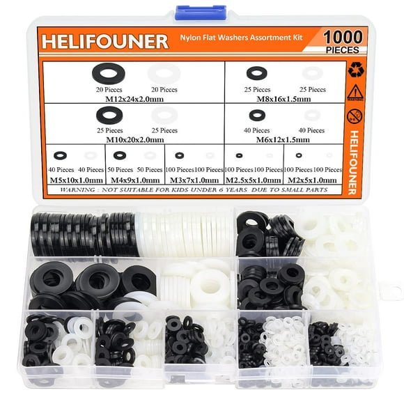 Helifouner 1000 Pieces 9 Sizes White/Black Nylon Flat Washers Assortment Kit - M2 M2.5 M3 M4 M5 M6 M8 M10 M12