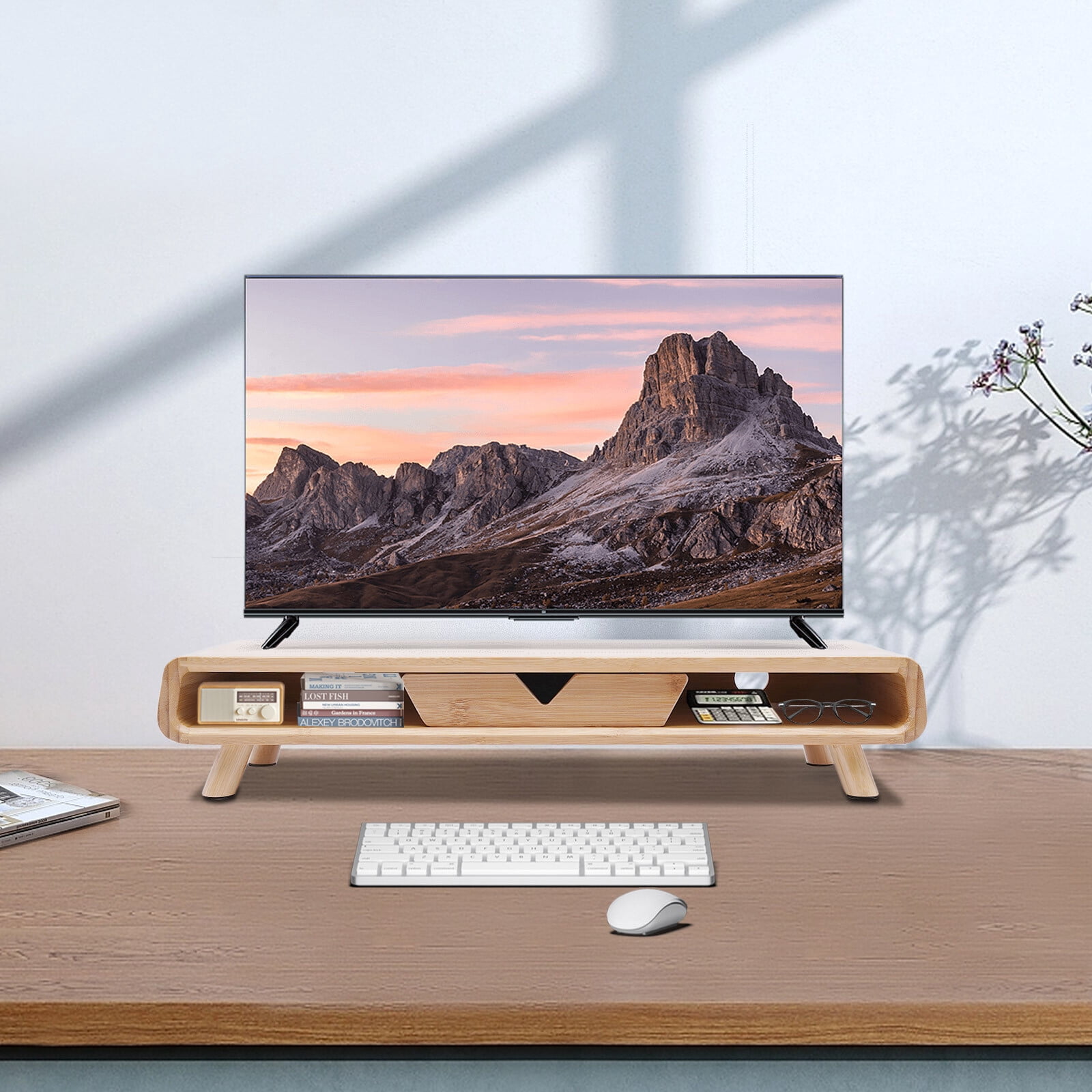ToppiJoy Bamboo Monitor Stand with Drawer, Wooden Monitor Riser for Desk, Multi-Purpose Computer Monitor Stand for Computer, Laptop
