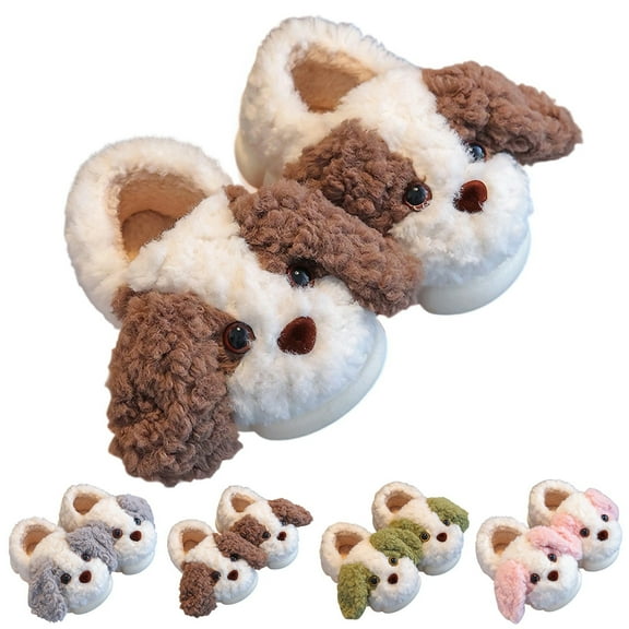Toddler Slippers Winter Warm Cute Dog Shape Indoors Shoes Heel Cover Comfy Closed Toe Slip On Girls Shoes Coffee Sizes 3-3.5 Y