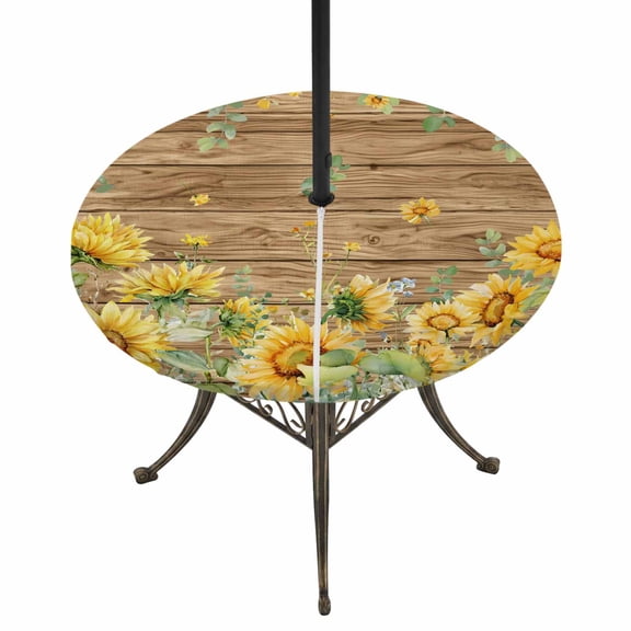 Round Outdoor Tablecloth with Umbrella Hole and Zipper, Sunflower Tablecloth with Elastic Waterproof, Summer Eucalyptus Botanical Floral Brown Wooden Patio Table Covers for 45" - 54" Pool Tables